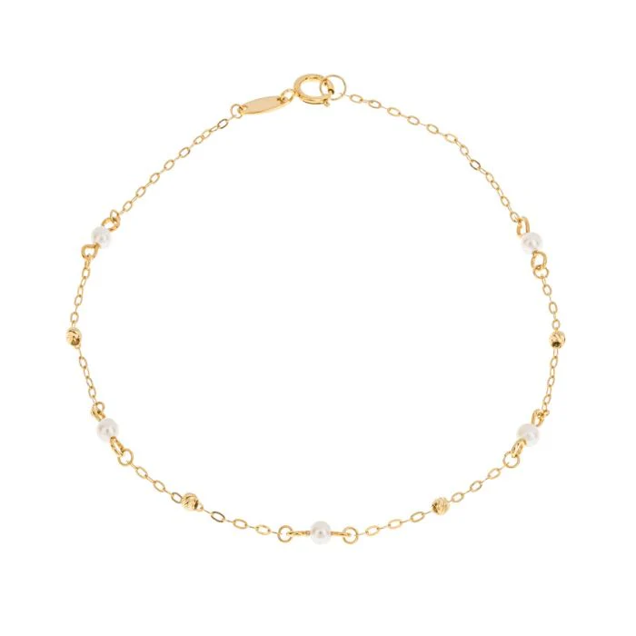 9ct Gold Trace Chain & Pearl Station Bracelet