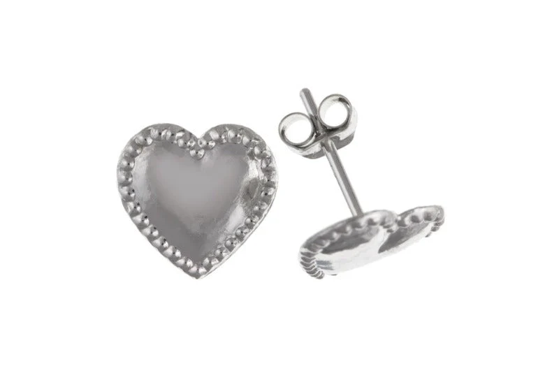 9ct White Gold Heart Shaped Earrings with Beaded Edge