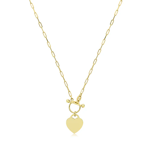 Gold Plated Silver Paperclip Link Necklace T-Bar Heart Pendant