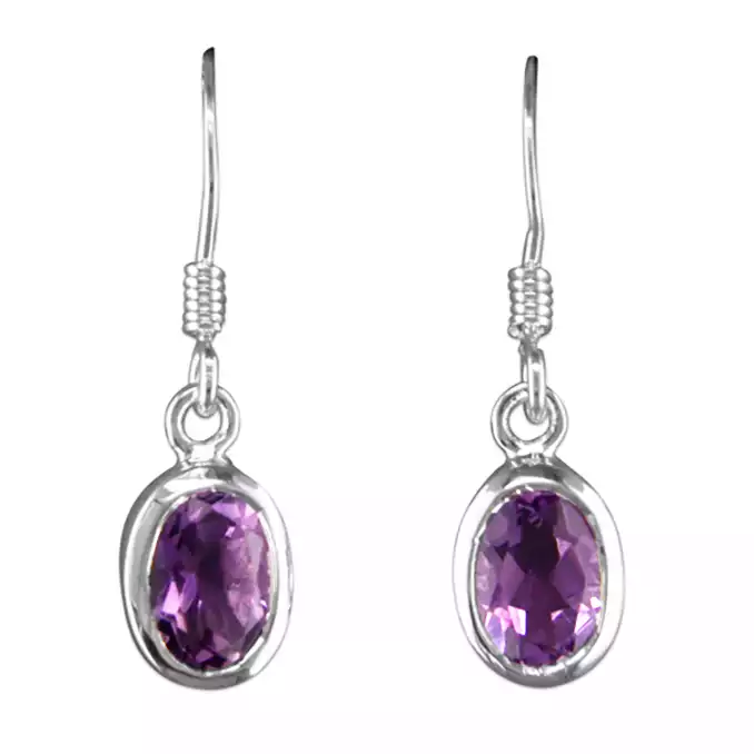 Silver Hook Drop Earrings with Oval Amethyst
